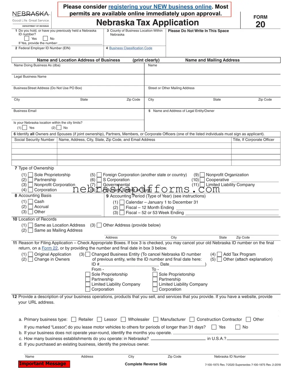 Nebraska 20 Form