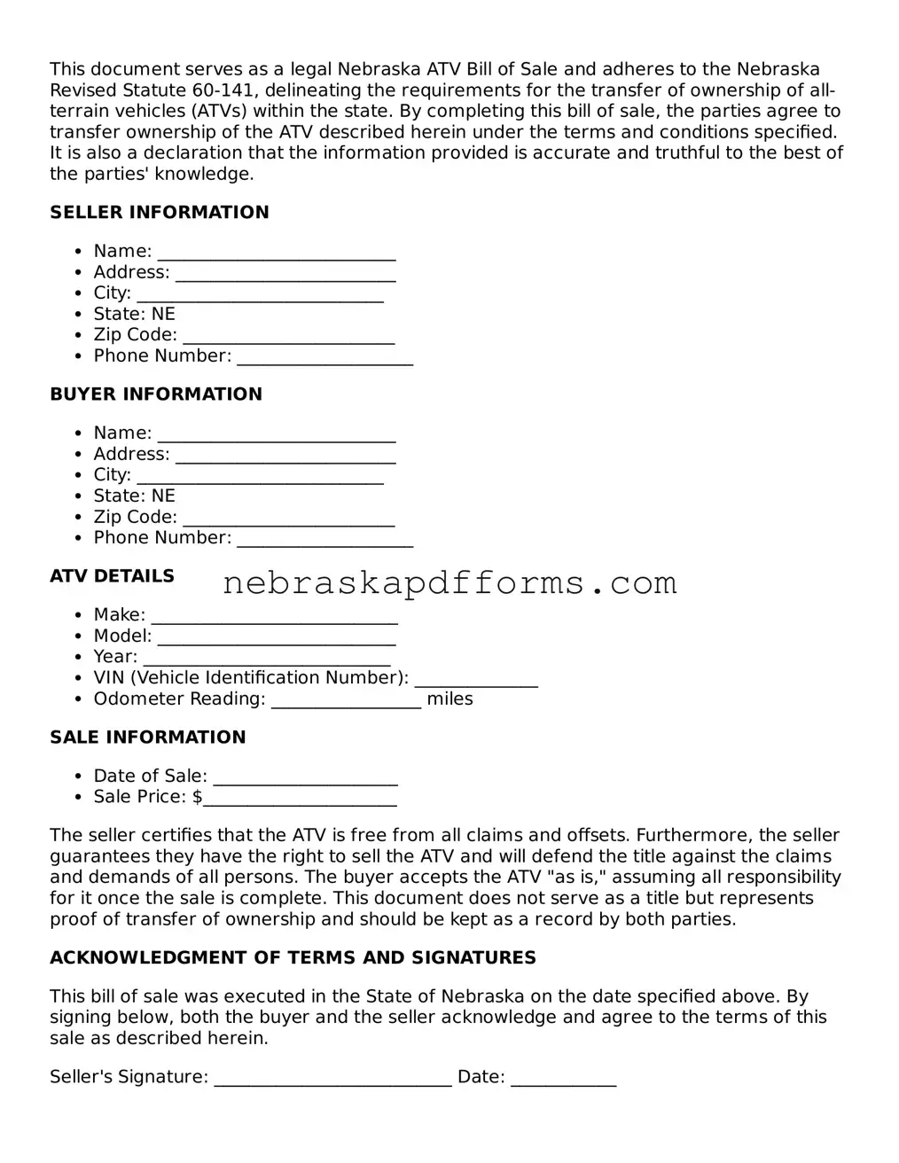 Attorney-Approved  ATV Bill of Sale Document for Nebraska