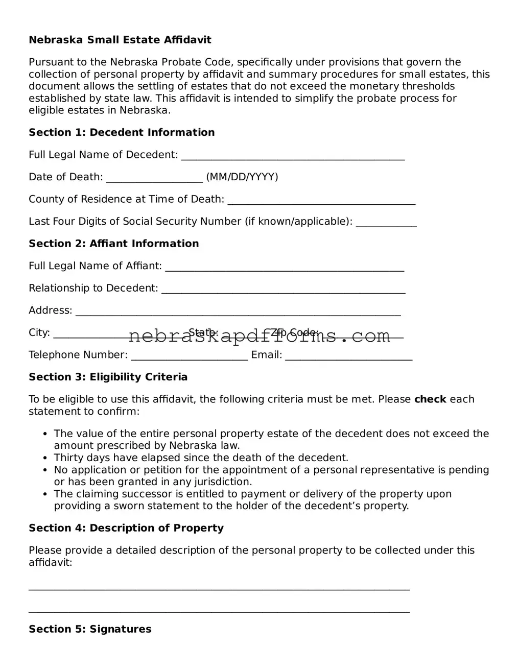 Attorney-Approved  Small Estate Affidavit Document for Nebraska