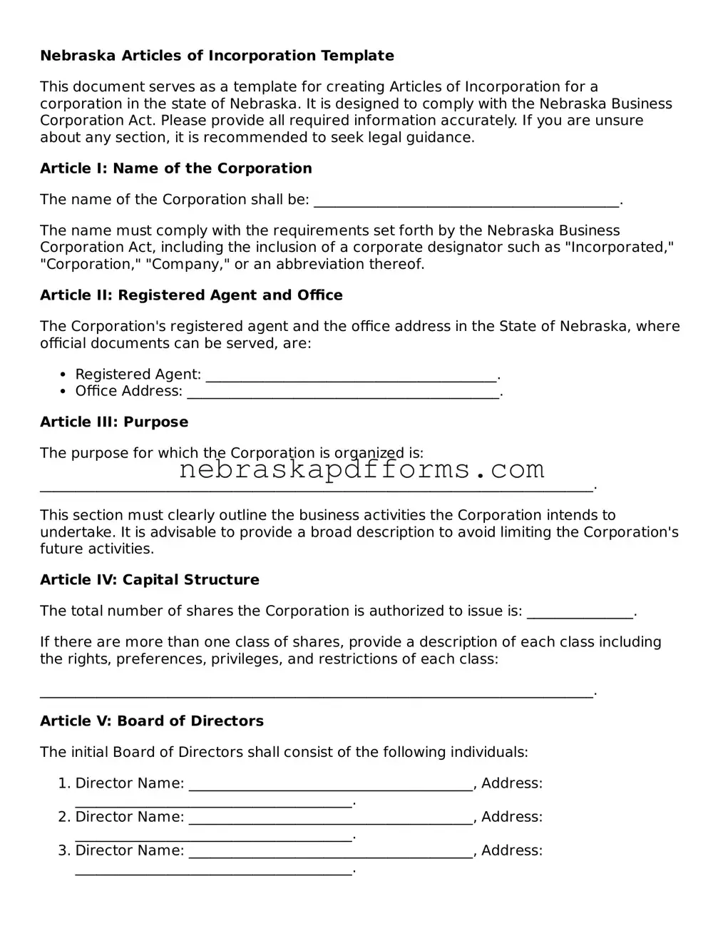 Attorney-Approved  Articles of Incorporation Document for Nebraska