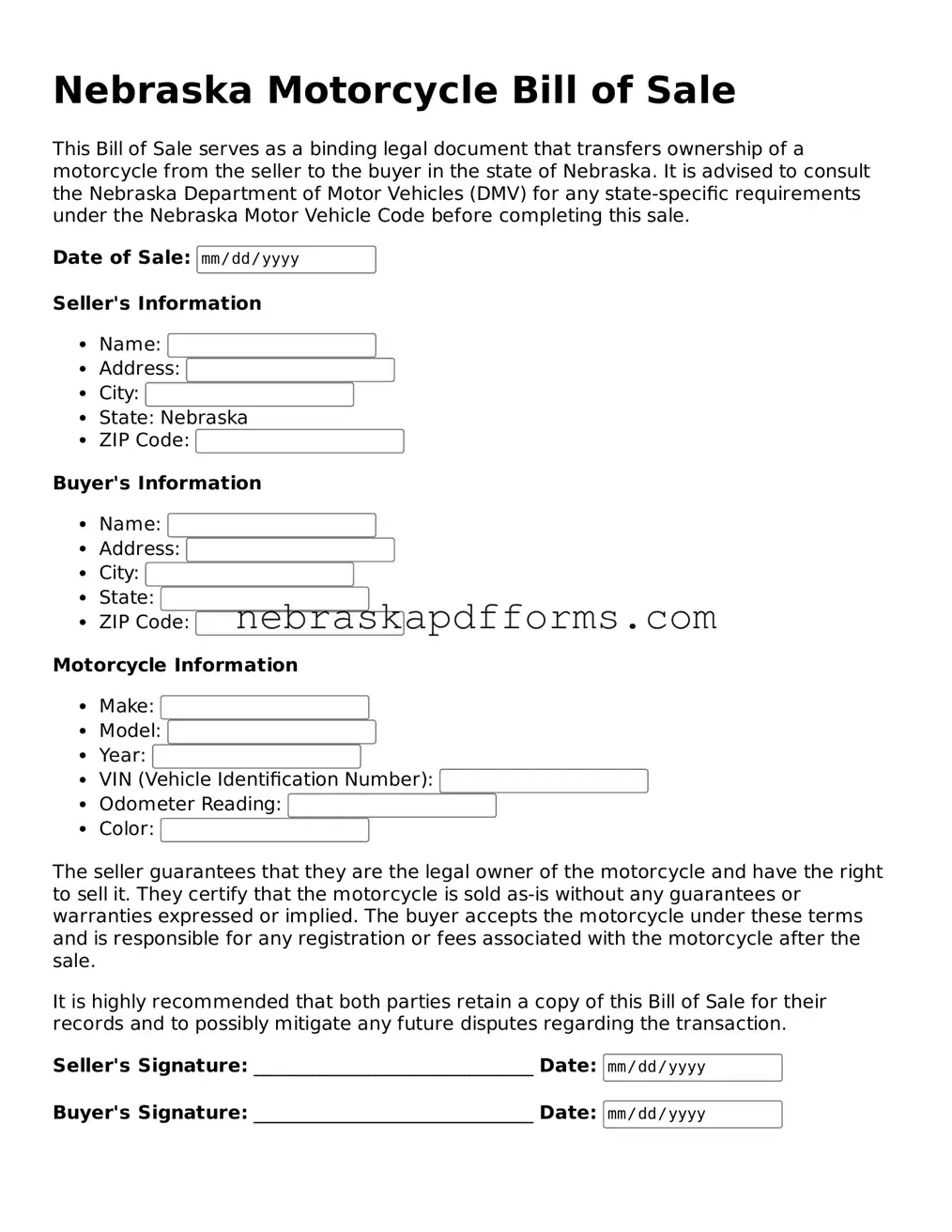 Attorney-Approved  Motorcycle Bill of Sale Document for Nebraska