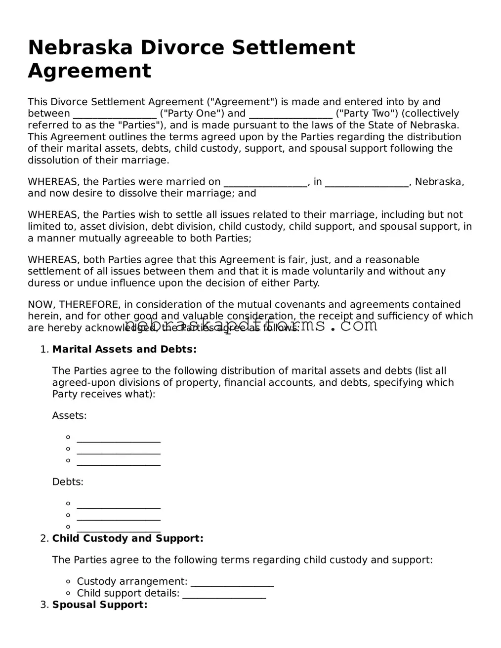 Attorney-Approved  Divorce Settlement Agreement Document for Nebraska