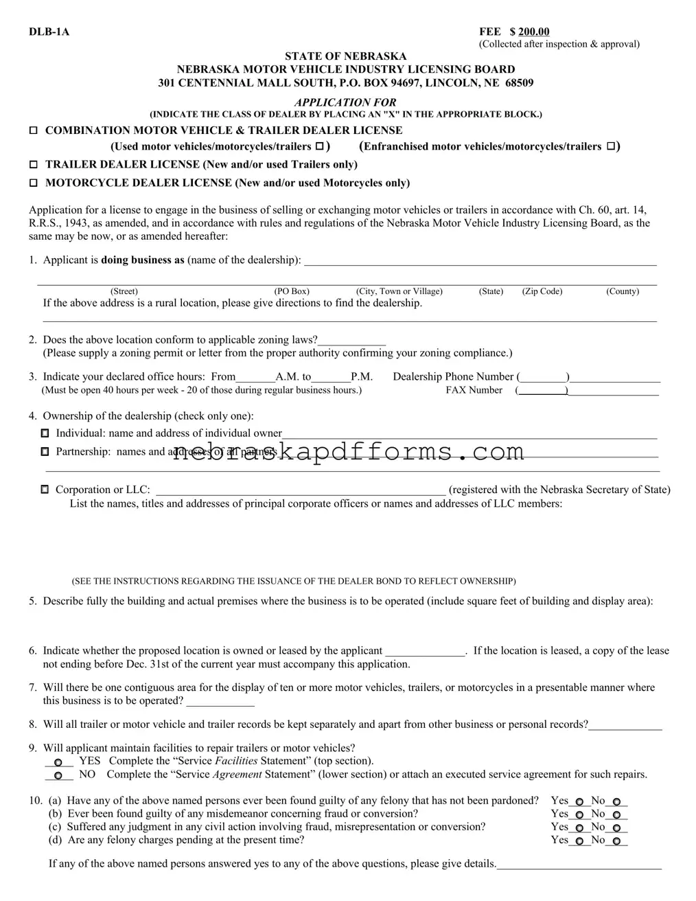 Nebraska Dlb 1A Form