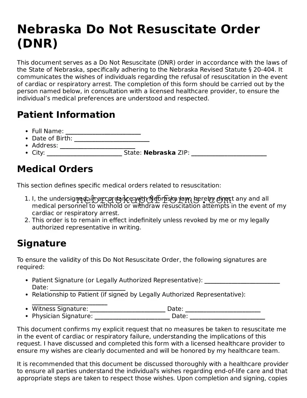 Attorney-Approved  Do Not Resuscitate Order Document for Nebraska