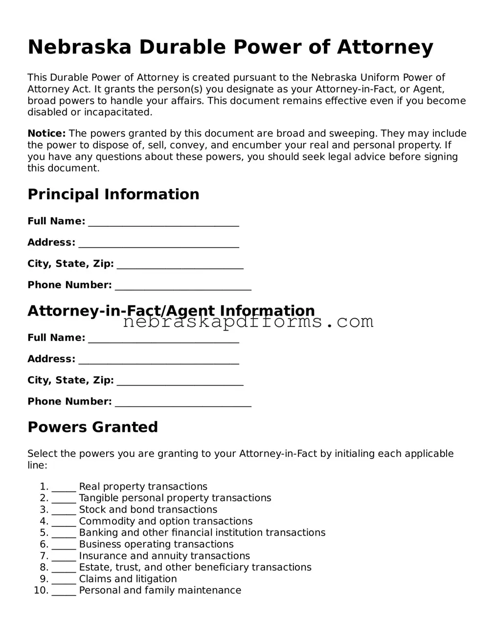 Attorney-Approved  Durable Power of Attorney Document for Nebraska