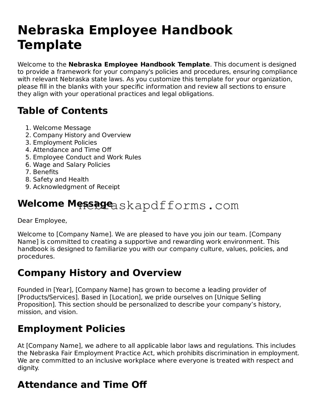 Attorney-Approved  Employee Handbook Document for Nebraska