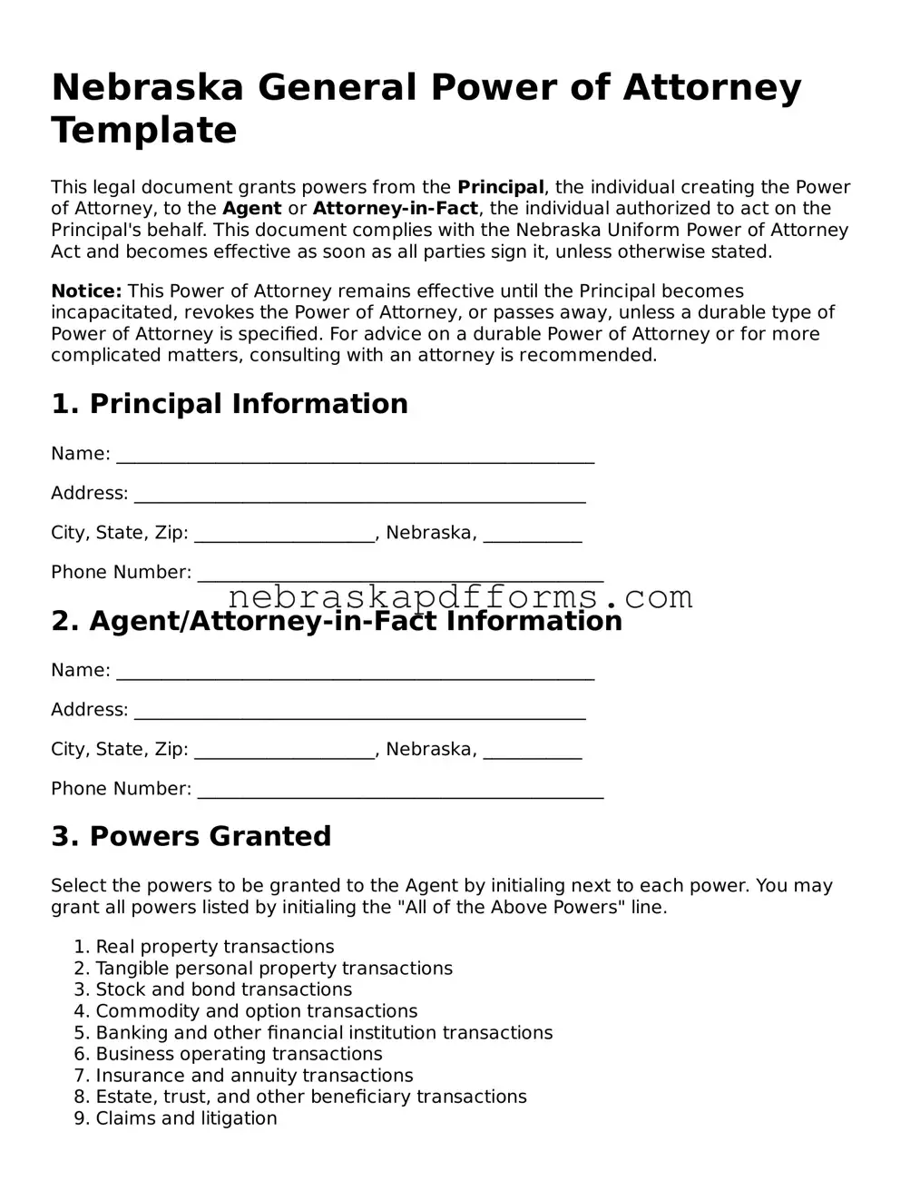 Attorney-Approved  General Power of Attorney Document for Nebraska