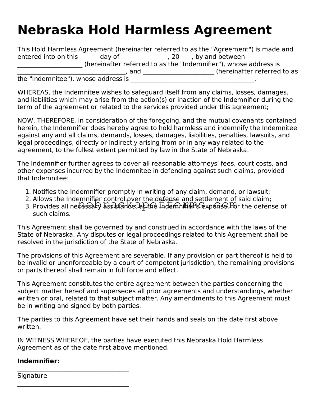 Attorney-Approved  Hold Harmless Agreement Document for Nebraska