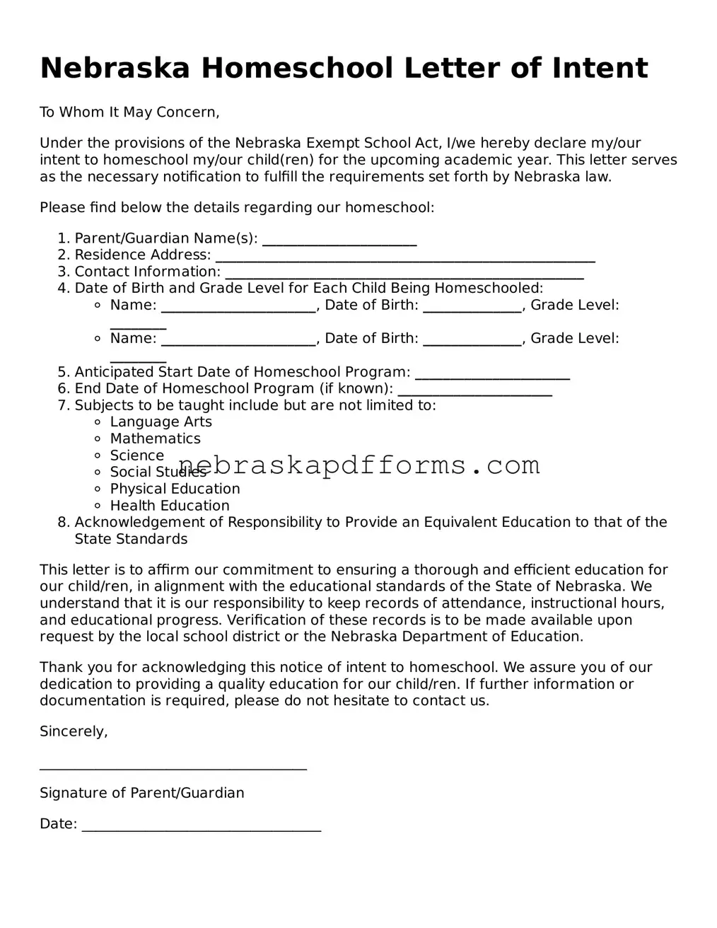 Attorney-Approved  Homeschool Letter of Intent Document for Nebraska