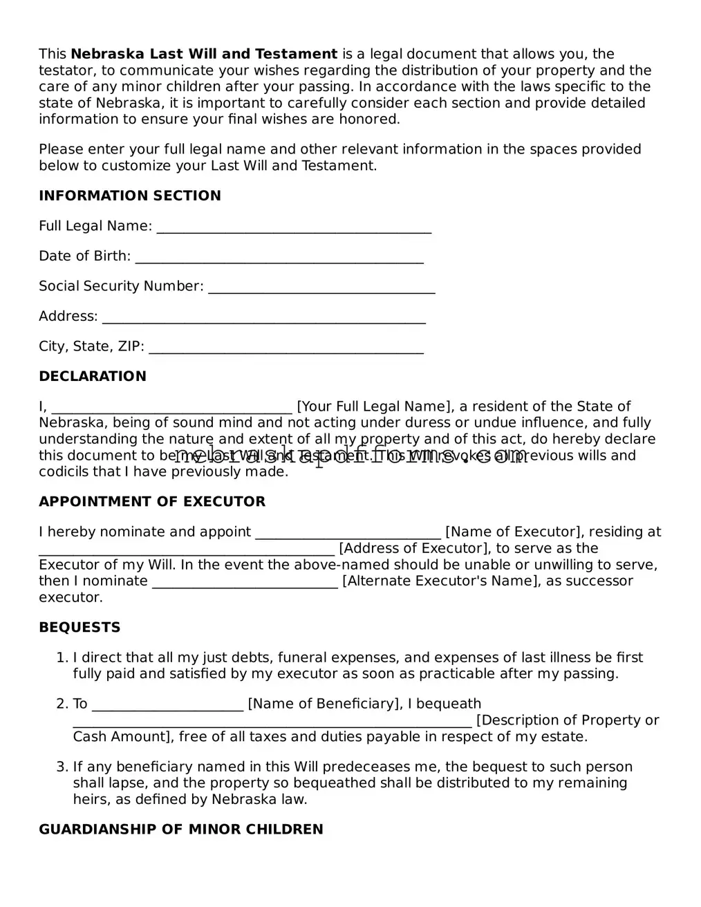 Attorney-Approved  Last Will and Testament Document for Nebraska