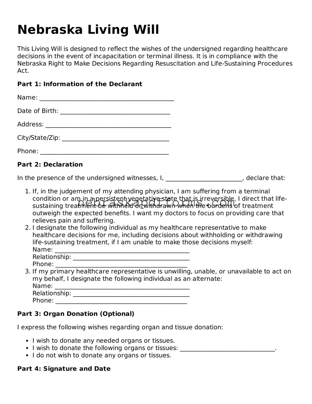 Attorney-Approved  Living Will Document for Nebraska