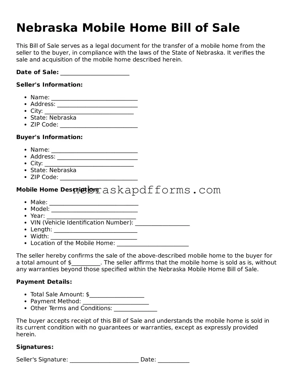 Attorney-Approved  Mobile Home Bill of Sale Document for Nebraska