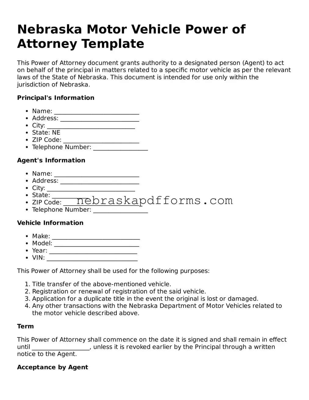 Attorney-Approved  Motor Vehicle Power of Attorney Document for Nebraska