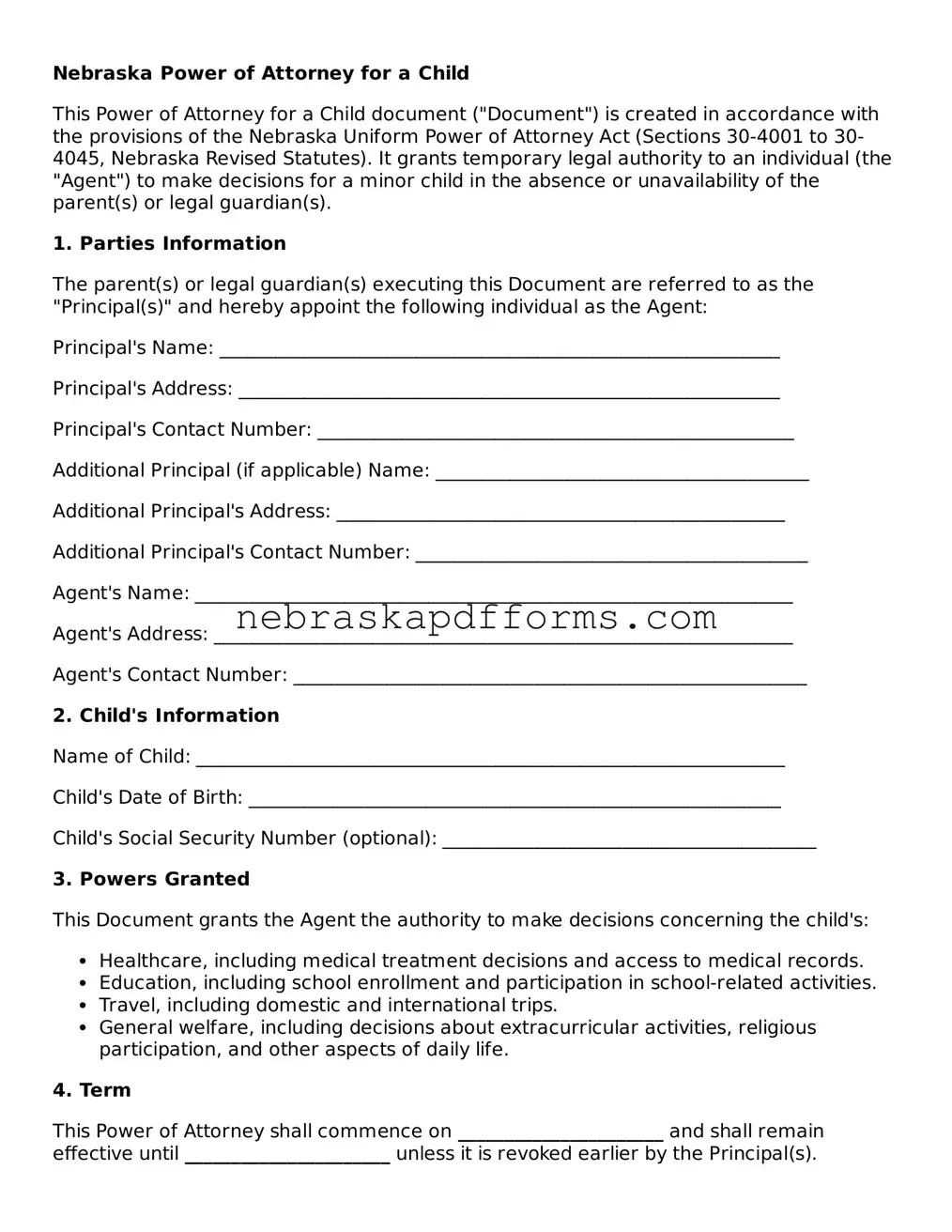 Attorney-Approved  Power of Attorney for a Child Document for Nebraska