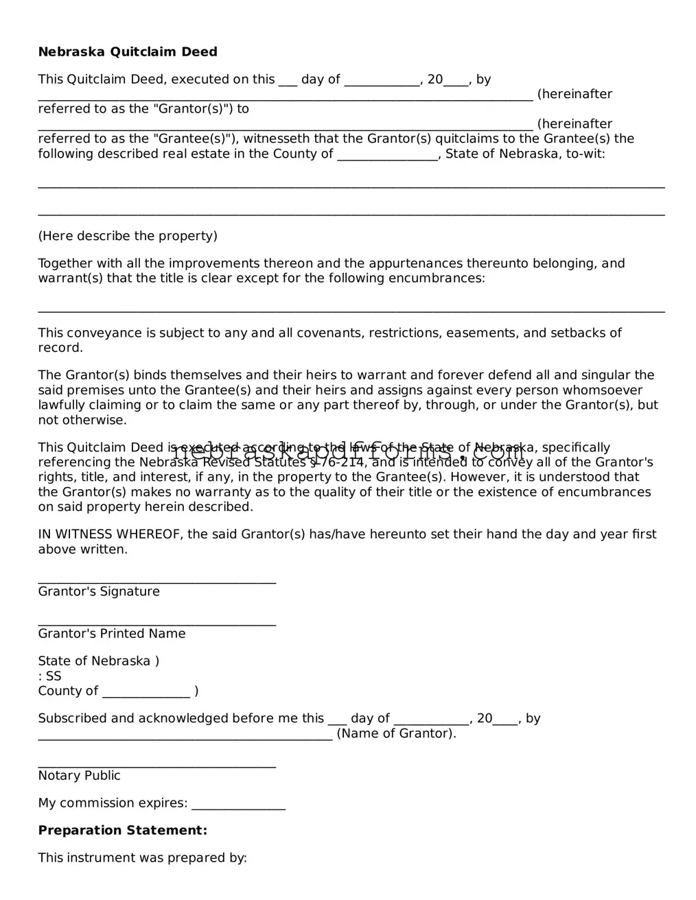 Attorney-Approved  Quitclaim Deed Document for Nebraska