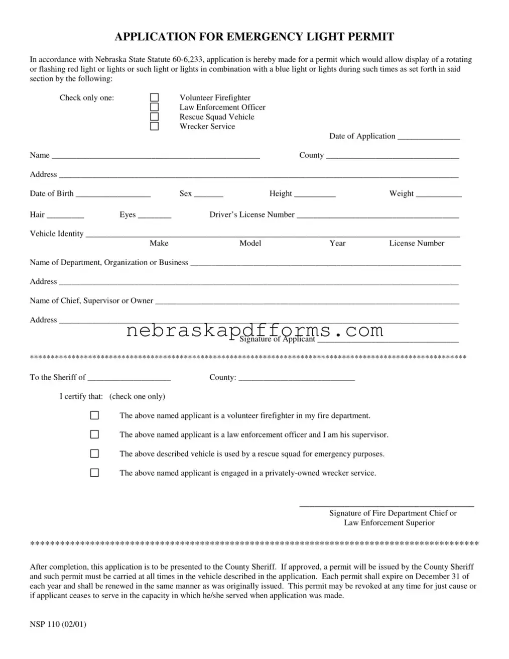 Nebraska Red Light Permit Form