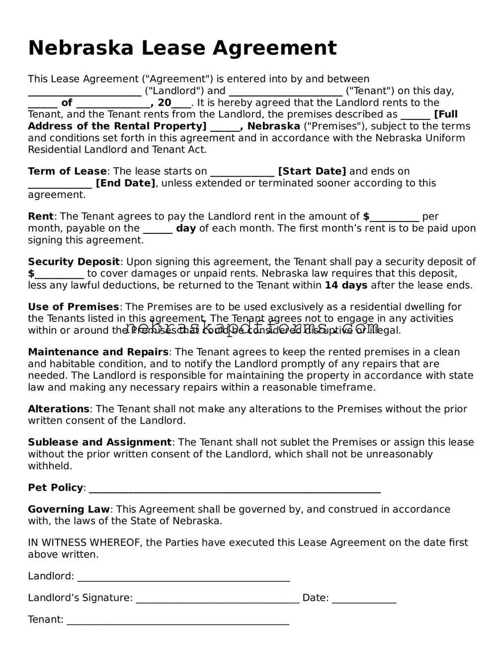 Attorney-Approved  Lease Agreement Document for Nebraska
