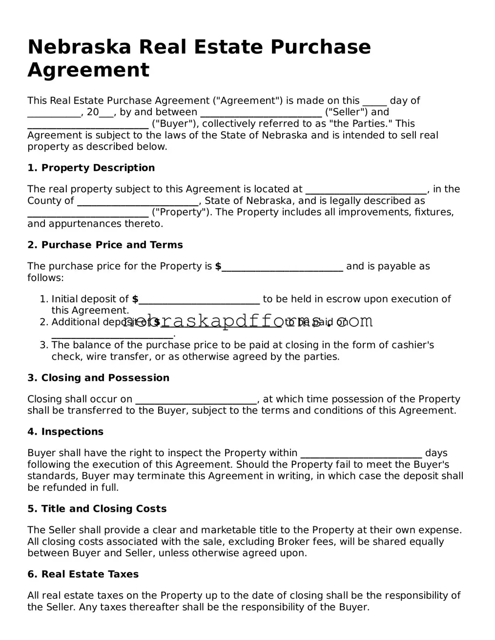 Attorney-Approved  Real Estate Purchase Agreement Document for Nebraska