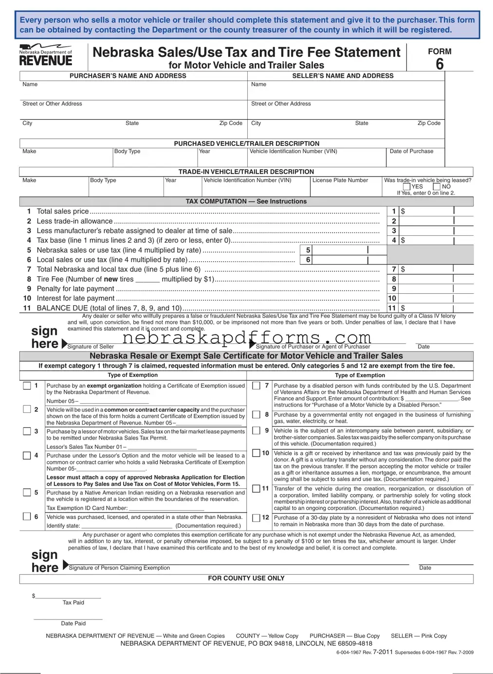 Nebraska Sales Tax Statement Form