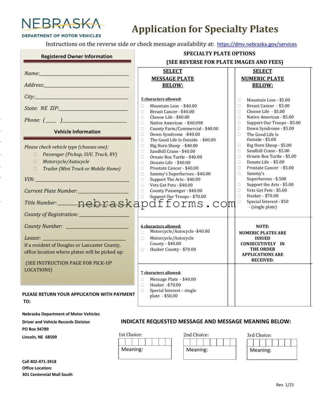 Nebraska Specialty Plates Form