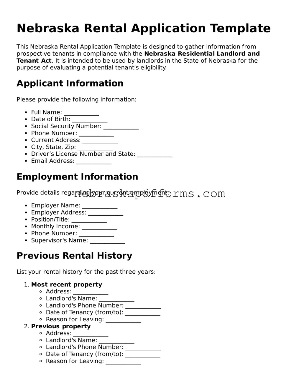Attorney-Approved  Rental Application Document for Nebraska