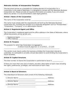 Attorney-Approved  Articles of Incorporation Document for Nebraska